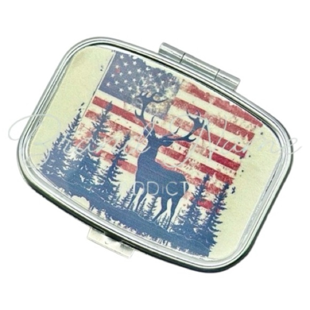 PRICE IS FIRM - Patriotic Buck Deer Multi-Use Mirrored Pill Box Container